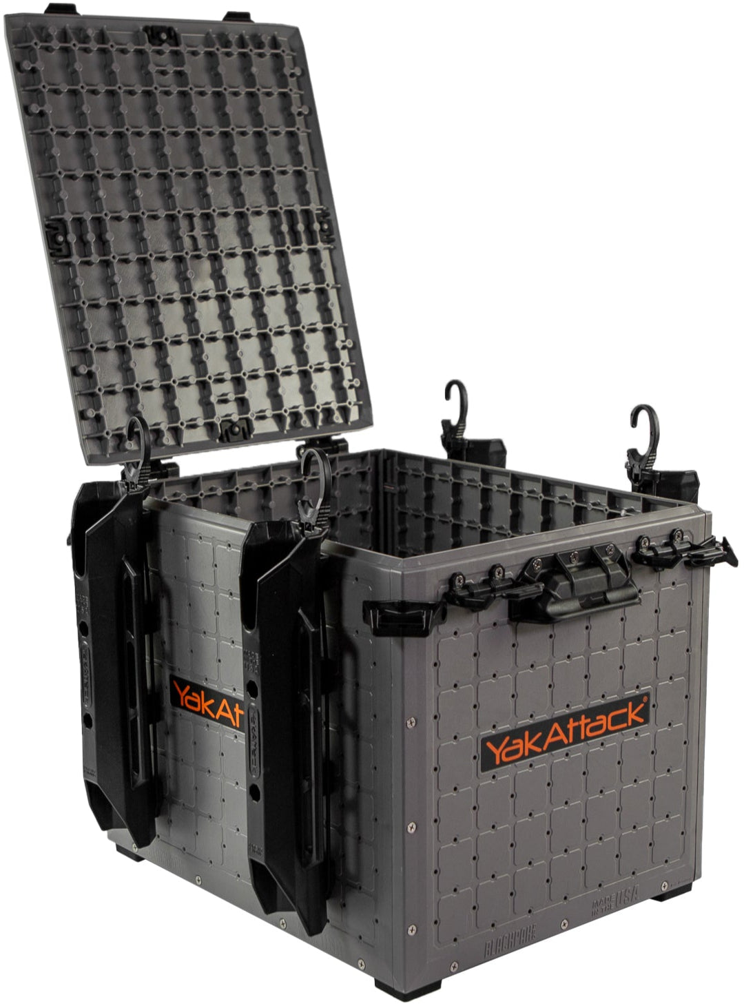 YakAttack BlackPak Pro Kayak Fishing Crate [13x16 - Battleship Grey - Open]