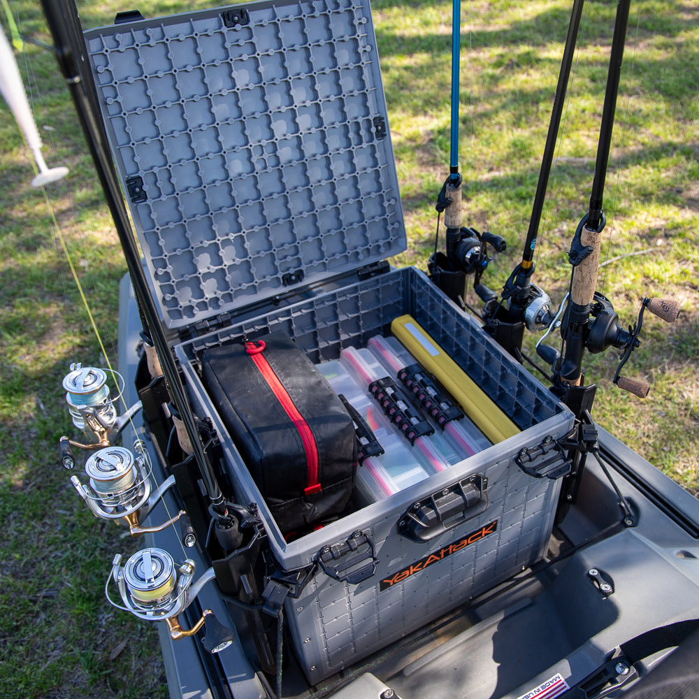 YakAttack BlackPak Pro Kayak Fishing Crate [16x16 - Battleship Grey - Installed/Open]