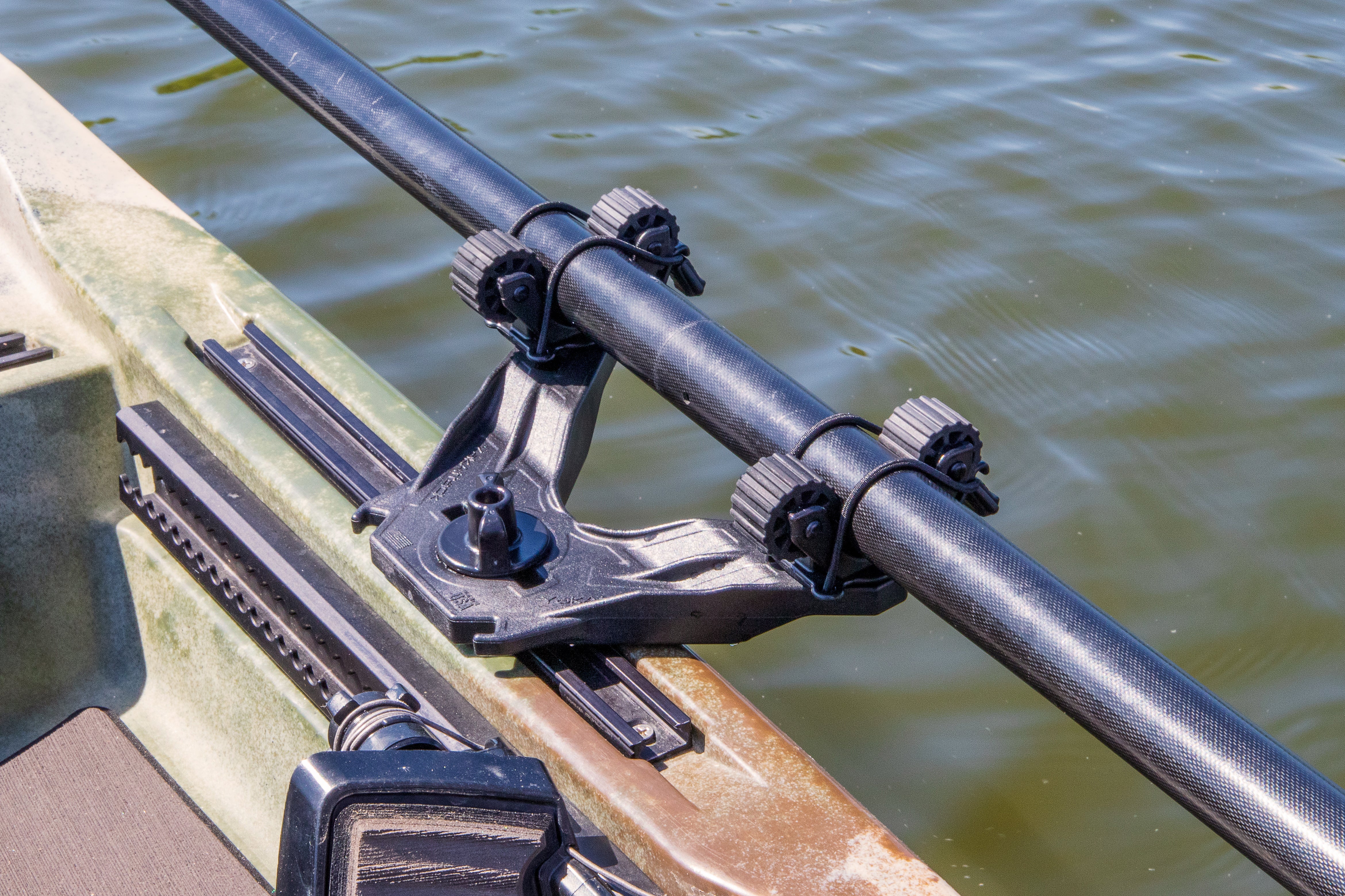 YakAttack DoubleHeader with Dual RotoGrip Paddle Holders on Kayak